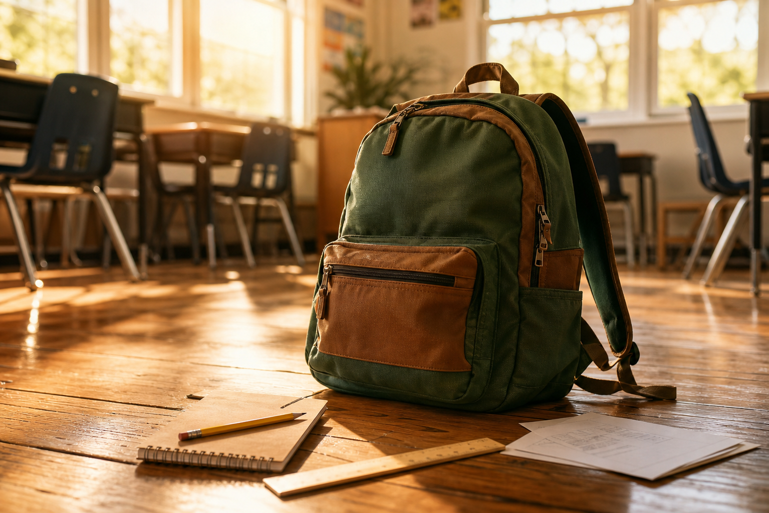 Real Adult Backpack on Classroom Floor