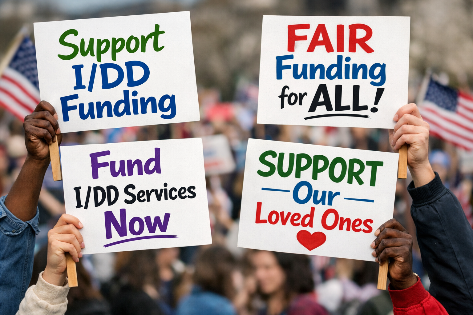 rally signs being held by various race color hands that say Support IDD not IOD  Funding FAIR funding for ALL Fund IDD Services Now SUPPORT Our Our no